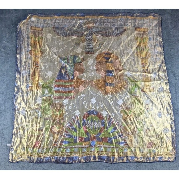 VTG Silk Scarf 20'' Squre Egyptian Prints Goldn Blue Orange-NEW - Picture 2 of 5